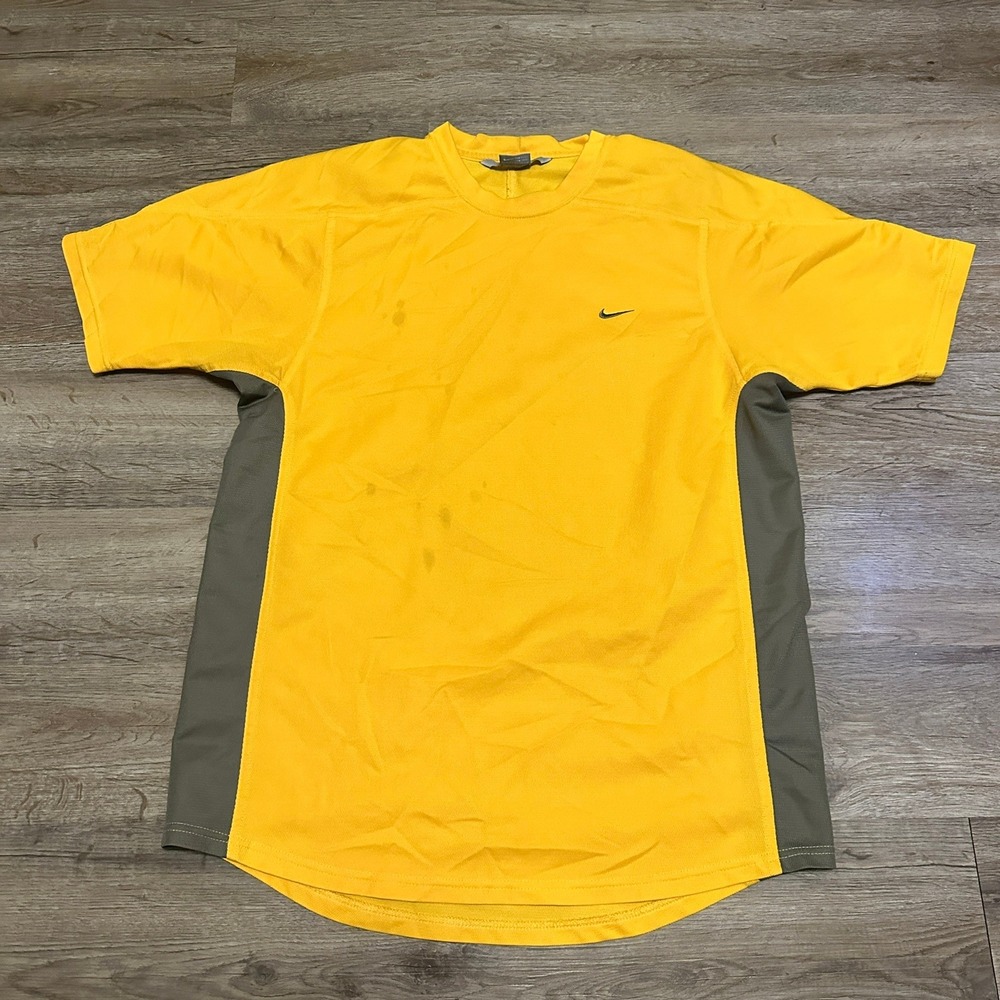 Nike Mens Large Yellow Grey Side Panel Mesh Athletic T-Shirt Short Sleeve Swoosh